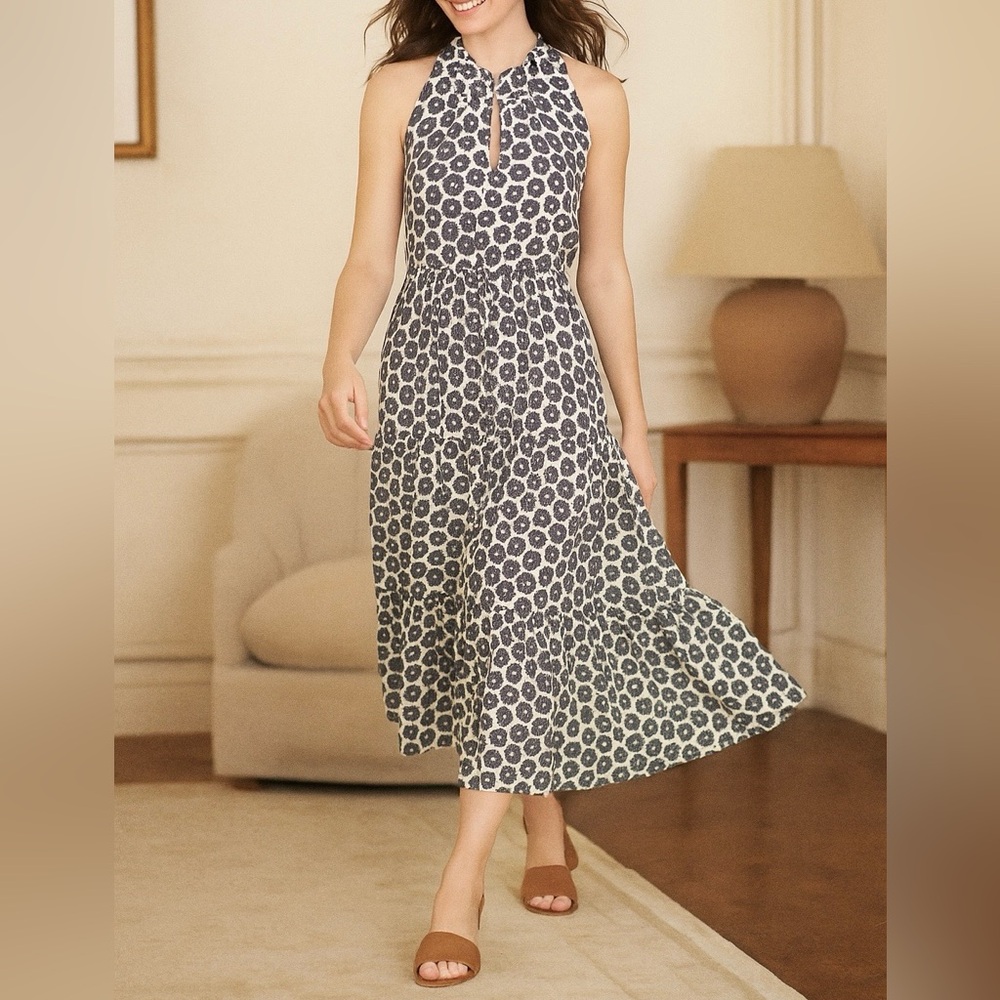 AMOUR VERT Mock Halter Midi Dress XS Tiered Boho Ruffle Pockets Wedding Summer